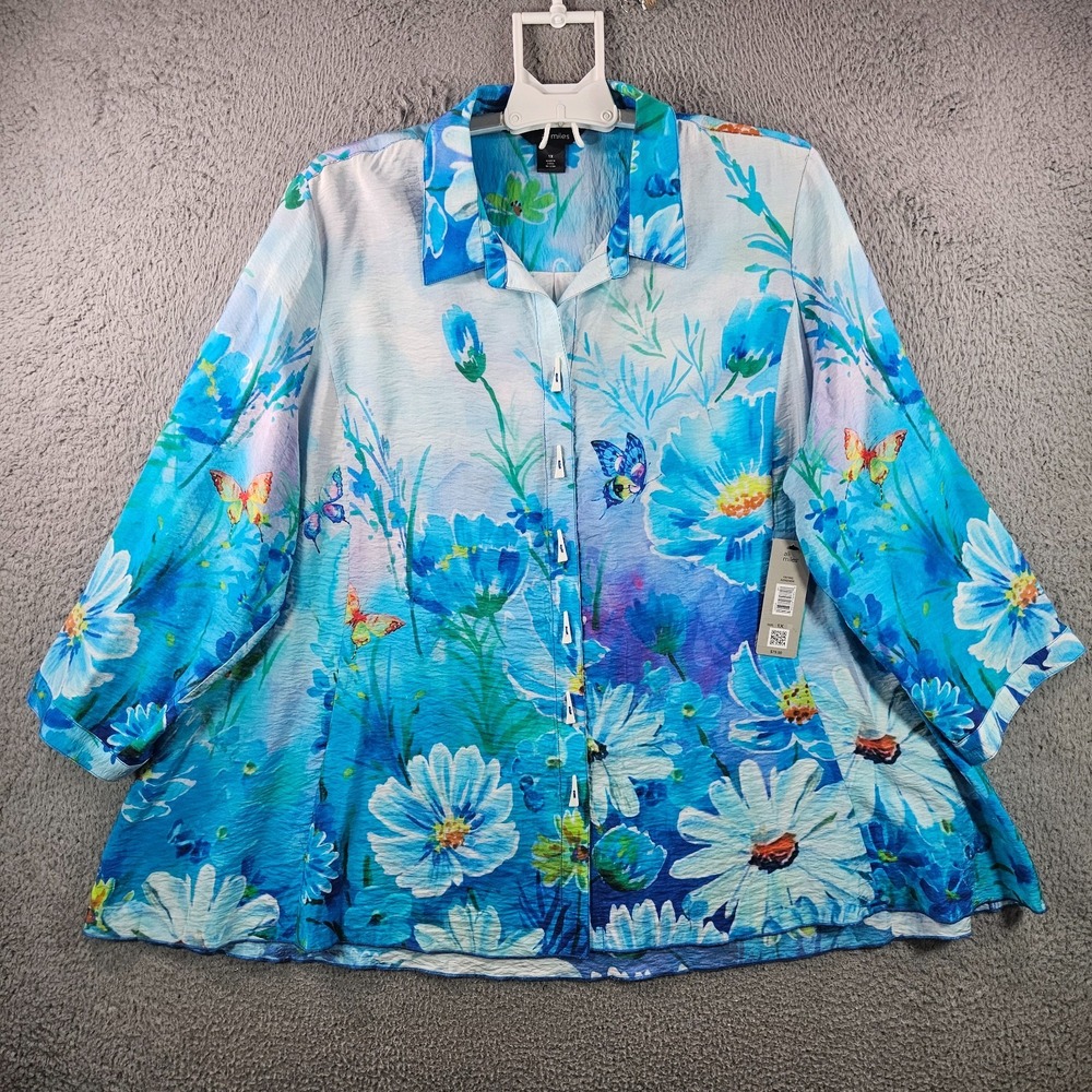 NEW Ali Miles Shirt Top Women 1X Triangle Button Garden Butterfly Print Blue